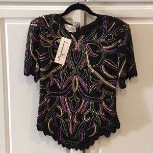 NWT Laurence Kazar Black Silk Embellished Top